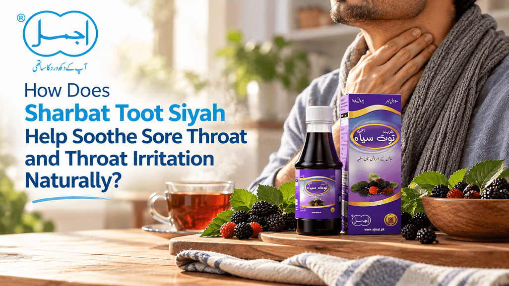 Sharbat Toot Siyah by Ajmal – natural herbal syrup bottle and box with blackberries and tea, man soothing sore throat and throat irritation naturally