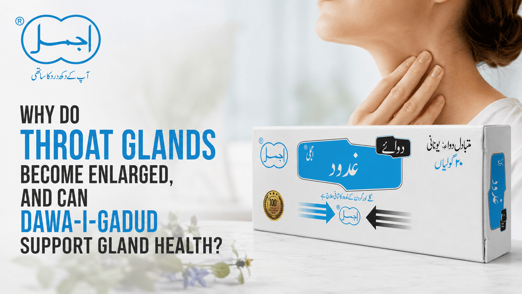 Woman touching her throat beside Ajmal Dawa-i-Gadud product box – causes of enlarged throat glands and natural gland health support