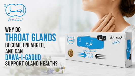 Woman touching her throat beside Ajmal Dawa-i-Gadud product box – causes of enlarged throat glands and natural gland health support