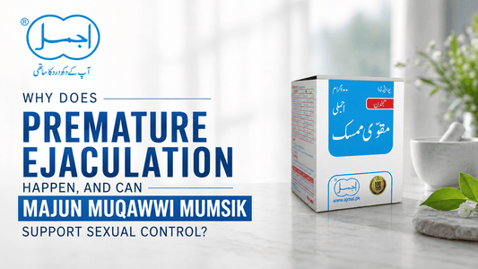 Ajmal Majun Muqawwi Mumsik product box with mortar and pestle – causes of premature ejaculation and natural support for sexual control